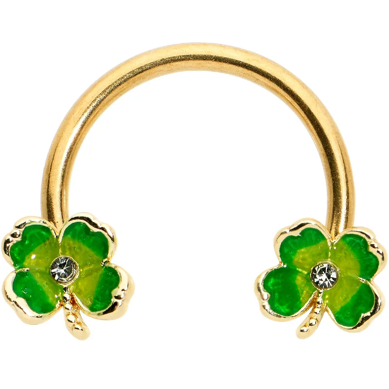 Women's Earrings – Elegant Designs for Every Personality--16 Gauge 3/8 Clear Gem Gold Hue Lucky Shamrock Horseshoe Circular Barbell Women's Earrings – Elegant Designs for Every Personality--16 Gauge 3/8 Clear Gem Gold Hue Lucky Shamrock Horseshoe Circular Barbell
