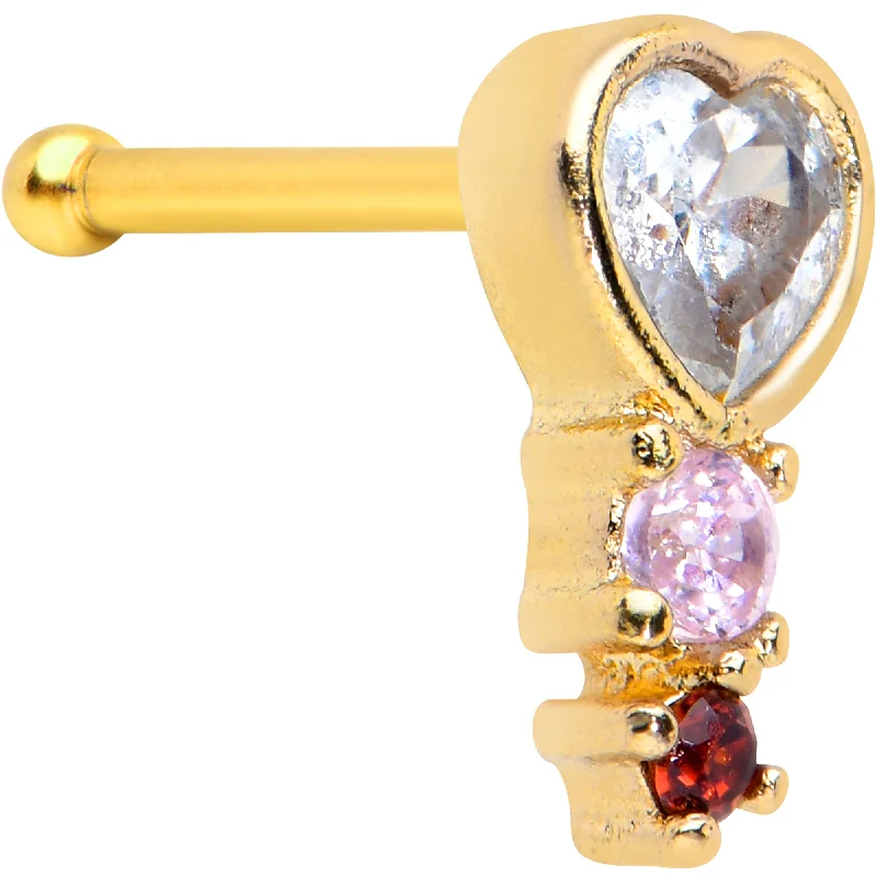 Comfortable and Fashionable Nose Rings -20 Gauge 1/4 Clear Pink Red CZ Gem Gold Tone Heart Valentine Nose Bone Comfortable and Fashionable Nose Rings -20 Gauge 1/4 Clear Pink Red CZ Gem Gold Tone Heart Valentine Nose Bone