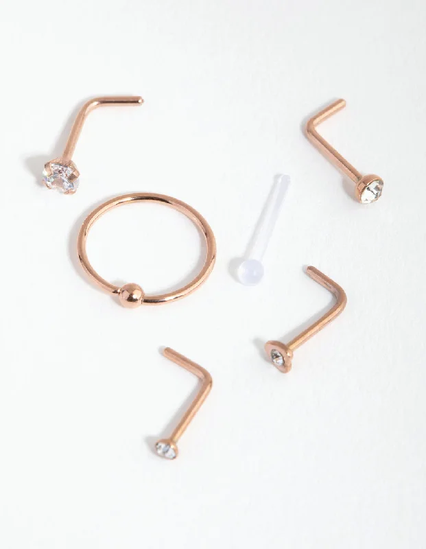 Diamond-Studded Nose Rings -Rose Gold Surgical Steel Diamante Mixed Nose 6-Pack