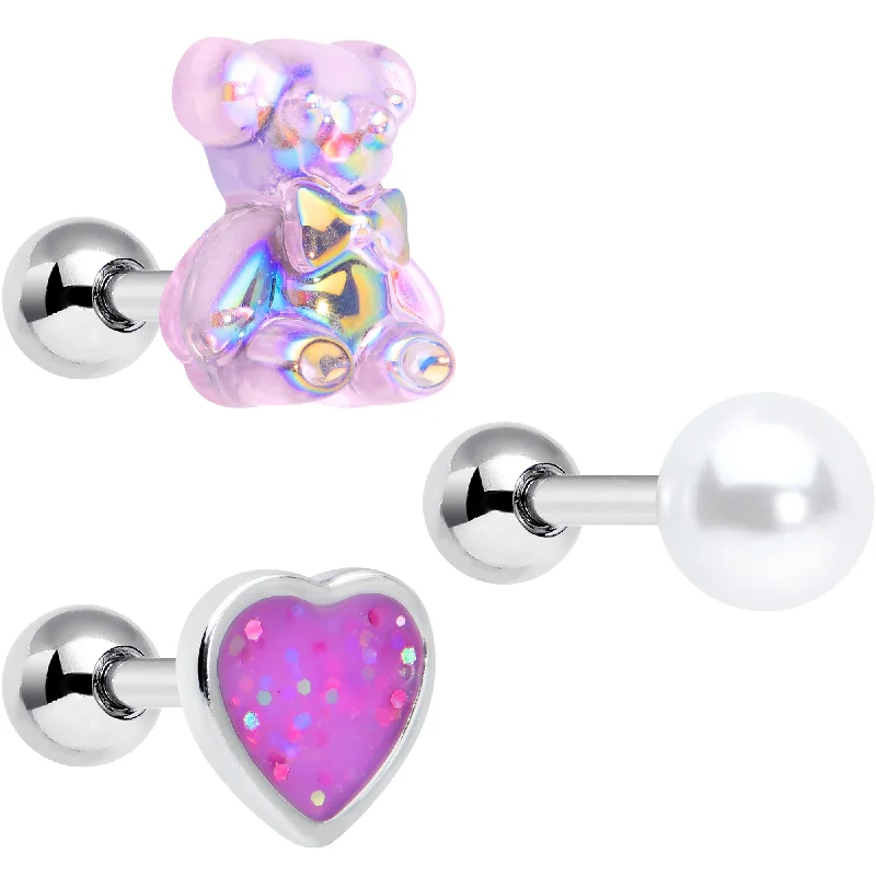 Women's Earrings – Elegant Designs for Every Personality--16 Gauge 1/4 Bear Pearlescent Purple Heart Cartilage Tragus Curation Set of 3 Women's Earrings – Elegant Designs for Every Personality--16 Gauge 1/4 Bear Pearlescent Purple Heart Cartilage Tragus Curation Set of 3