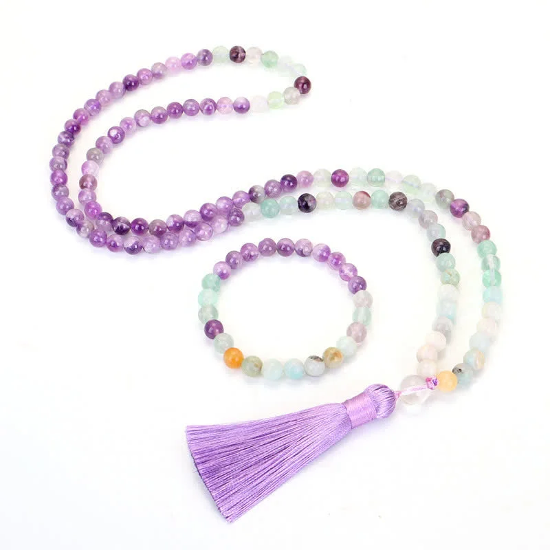 Stylish Rubber Bracelets for Men-108 Mala Beads Amethyst Fluorite Amazonite Spiritual Positive Tassel Bracelet