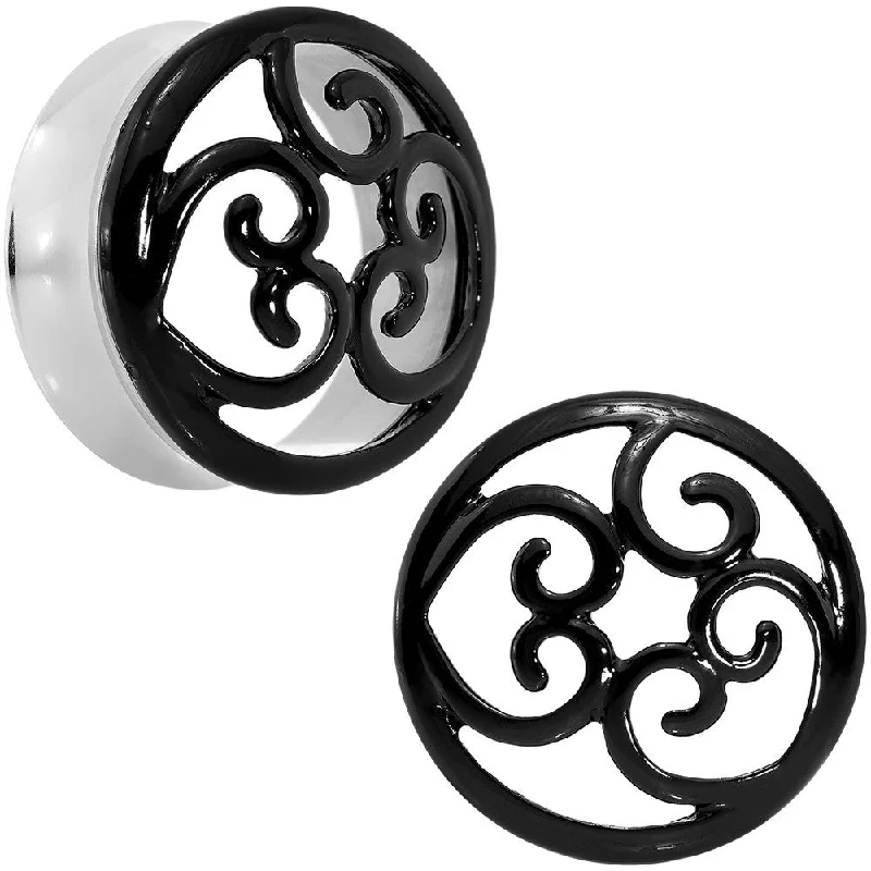 Women's Earrings – Elegant Designs for Every Personality--28mm Steel Black Filigree Duet Heart Saddle Plug Set Women's Earrings – Elegant Designs for Every Personality--28mm Steel Black Filigree Duet Heart Saddle Plug Set