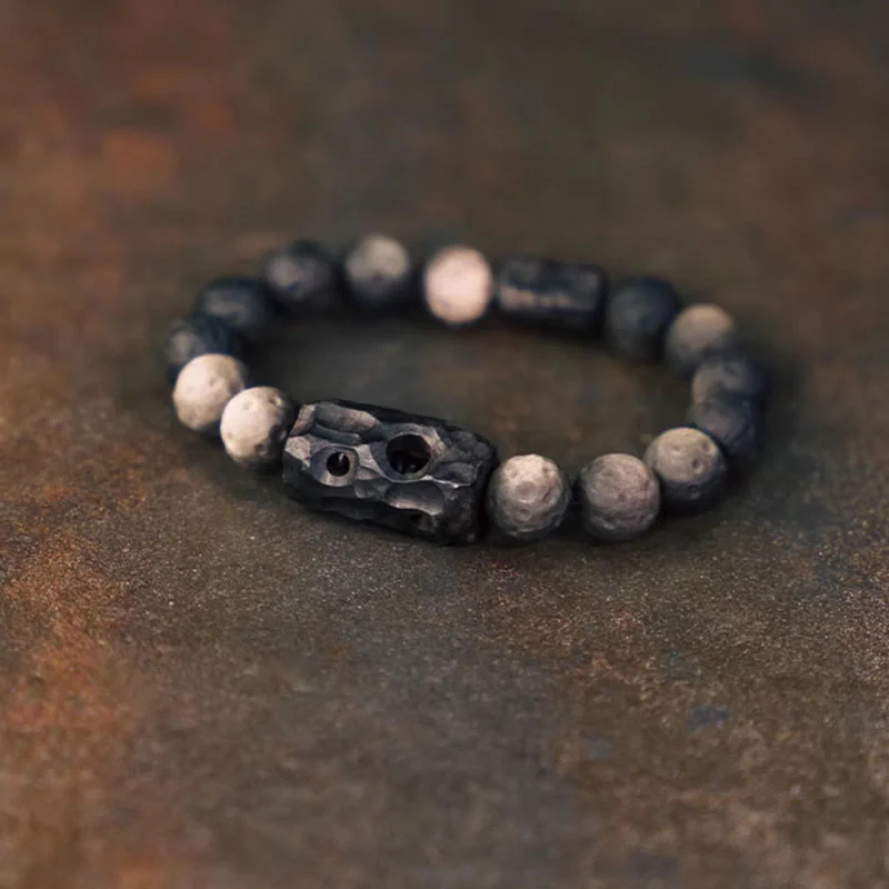 Unique Leather and Metal Bracelets for Men-Buddha Stones Silver Sheen Obsidian Ebony Wood Soothing Bracelet Unique Leather and Metal Bracelets for Men-Buddha Stones Silver Sheen Obsidian Ebony Wood Soothing Bracelet