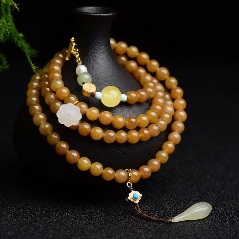 Bridal Bangles for Women-Buddha Stones Natural Hetian Topaz Amber Lotus White Jade Pearl Success Bracelet