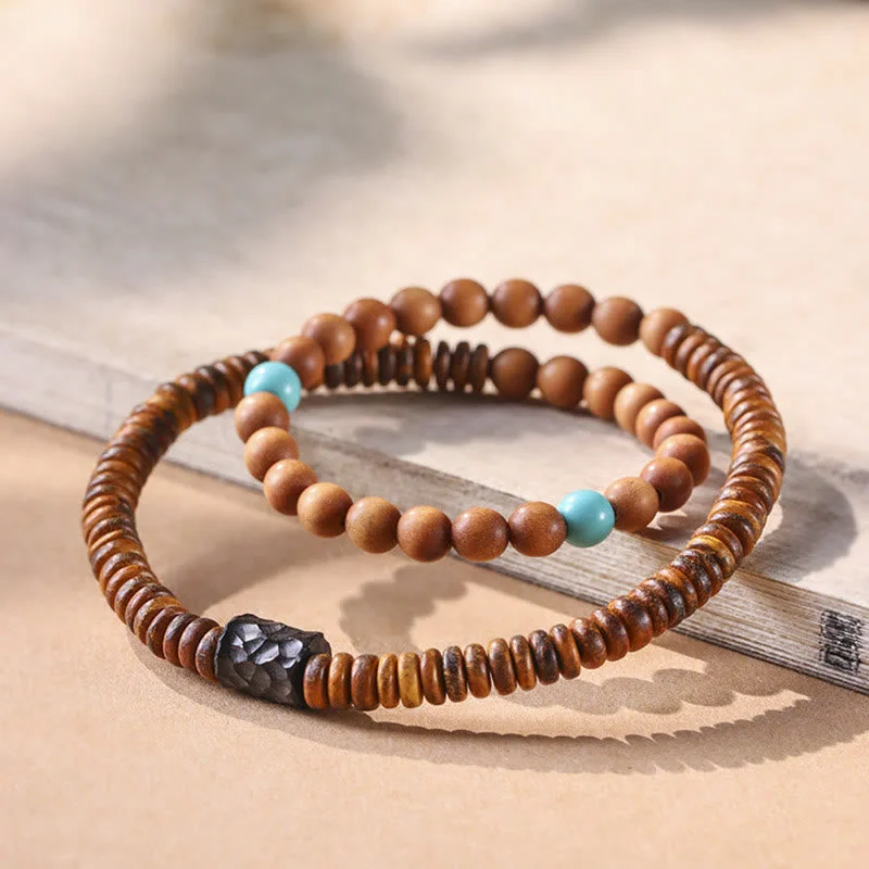 Bangle Sets for Women with Matching Rings-Buddha Stones Sandalwood Small Leaf Red Sandalwood Thuja Sutchuenensis Boxwood Turquoise Protection Double Wrap Bracelet