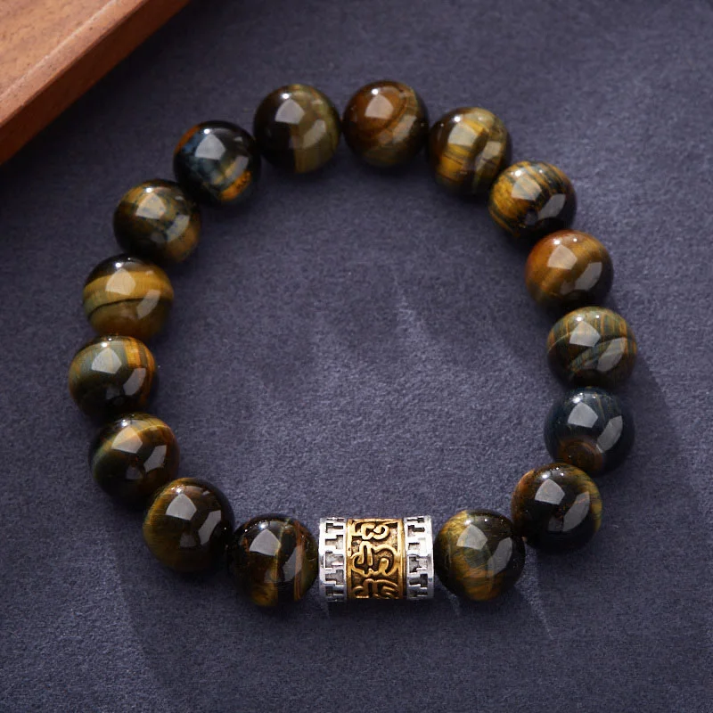 Men's Bracelets with Faux Leather Straps-Buddha Stones Tiger Eye Six True Words Courage Bracelet
