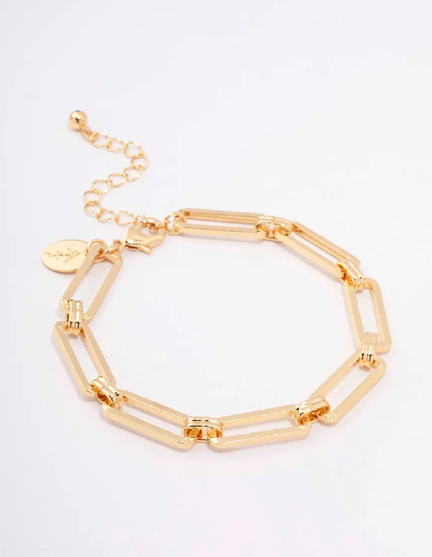 Trendy Bangles for Women with Unique Charms-Gold Plated Brass Rectangular Link Bracelet Trendy Bangles for Women with Unique Charms-Gold Plated Brass Rectangular Link Bracelet