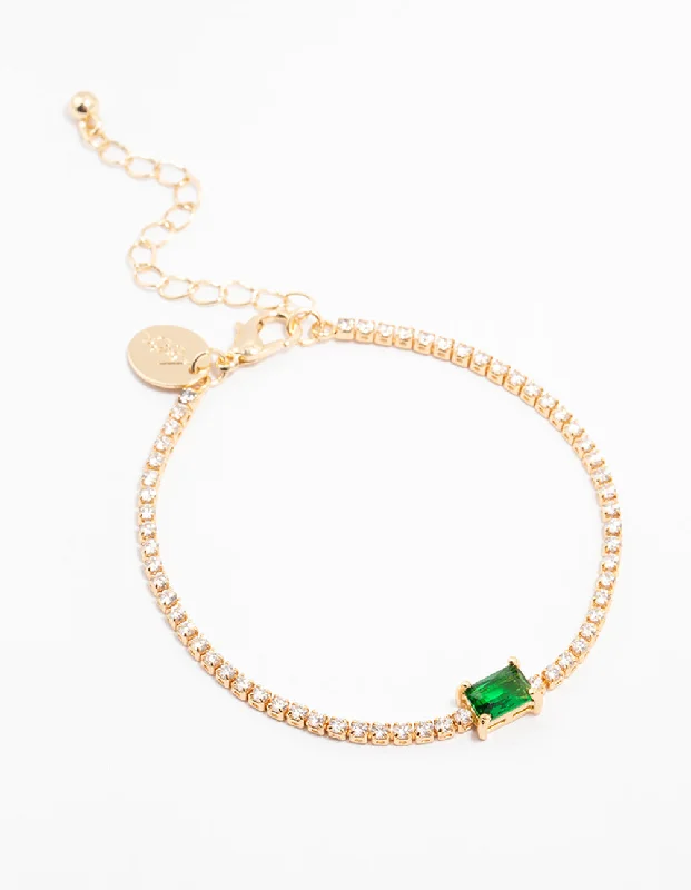 Gold Plated Wedding Bangles for Women-Gold Plated Emerald Baguette & Round Tennis Cup Chain Bracelet