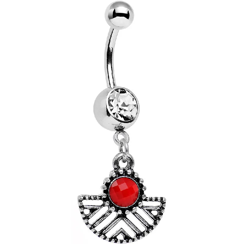 Unique Belly Rings for Bold Style -Clear Red Gem Framework Fan Dangle Belly Ring