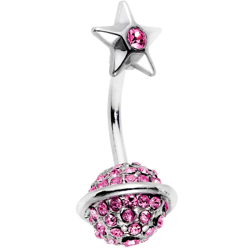 Comfortable Belly Rings for Fashion-Loving Women -Pink Gem Rings of Saturn Planet and Star Double Mount Belly Ring Comfortable Belly Rings for Fashion-Loving Women -Pink Gem Rings of Saturn Planet and Star Double Mount Belly Ring