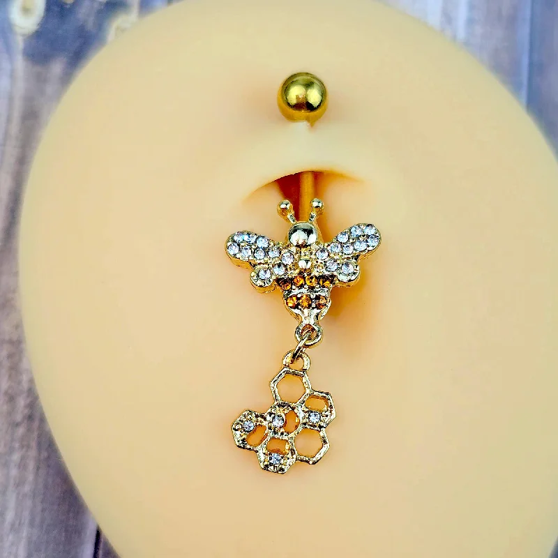 Belly Rings for Trendy Piercing Styles -Clear Gem Gold Tone Lavish Butterfly Honeycomb Dangle Belly Ring Belly Rings for Trendy Piercing Styles -Clear Gem Gold Tone Lavish Butterfly Honeycomb Dangle Belly Ring