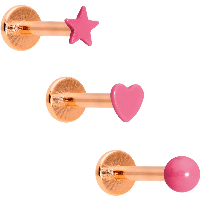 Women's Earrings – Elegant Designs for Every Personality--Pink Star Rose Gold Tone Glow Internal Threaded Labret Tragus Set of 3 Women's Earrings – Elegant Designs for Every Personality--Pink Star Rose Gold Tone Glow Internal Threaded Labret Tragus Set of 3