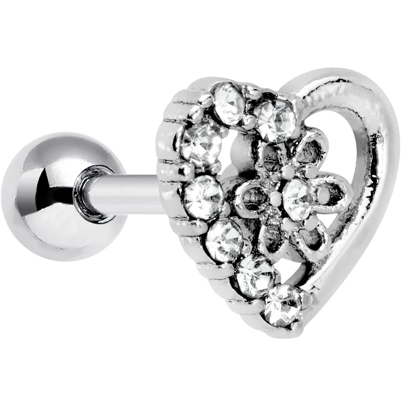 Women's Earrings – Elegant Designs for Every Personality--16 Gauge 1/4 Clear Gem Floral Hollow Heart Cartilage Tragus Earring