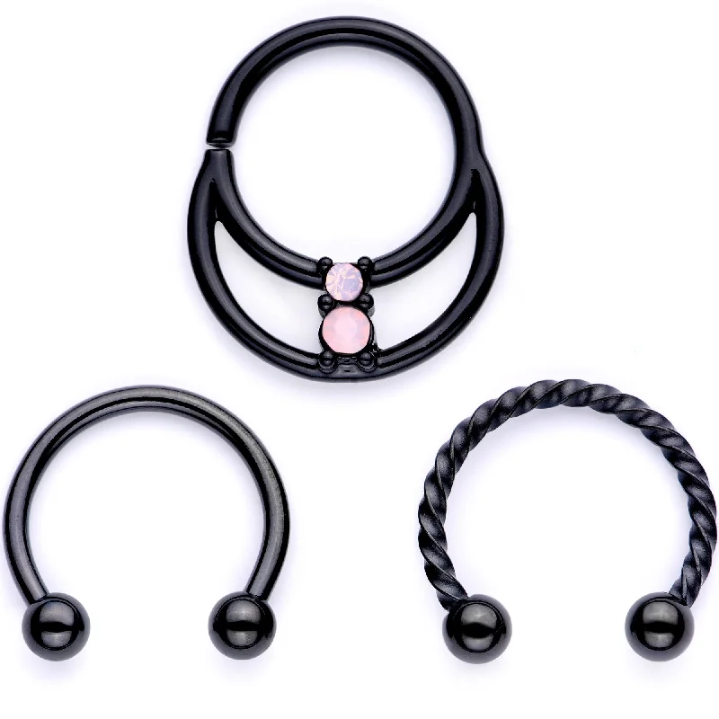 Stunning Nose Rings for a Bold Appearance -16 Gauge 3/8 Pink Faux Opal Black Anodized Horseshoe Closure Ring Set Stunning Nose Rings for a Bold Appearance -16 Gauge 3/8 Pink Faux Opal Black Anodized Horseshoe Closure Ring Set