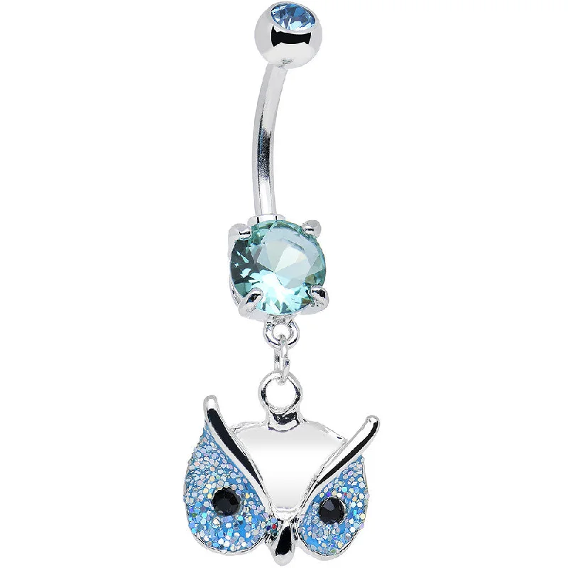 Unique Belly Rings with Artistic Shapes -Aqua Gem Glitter Mask Owl Head Dangle Belly Ring Unique Belly Rings with Artistic Shapes -Aqua Gem Glitter Mask Owl Head Dangle Belly Ring