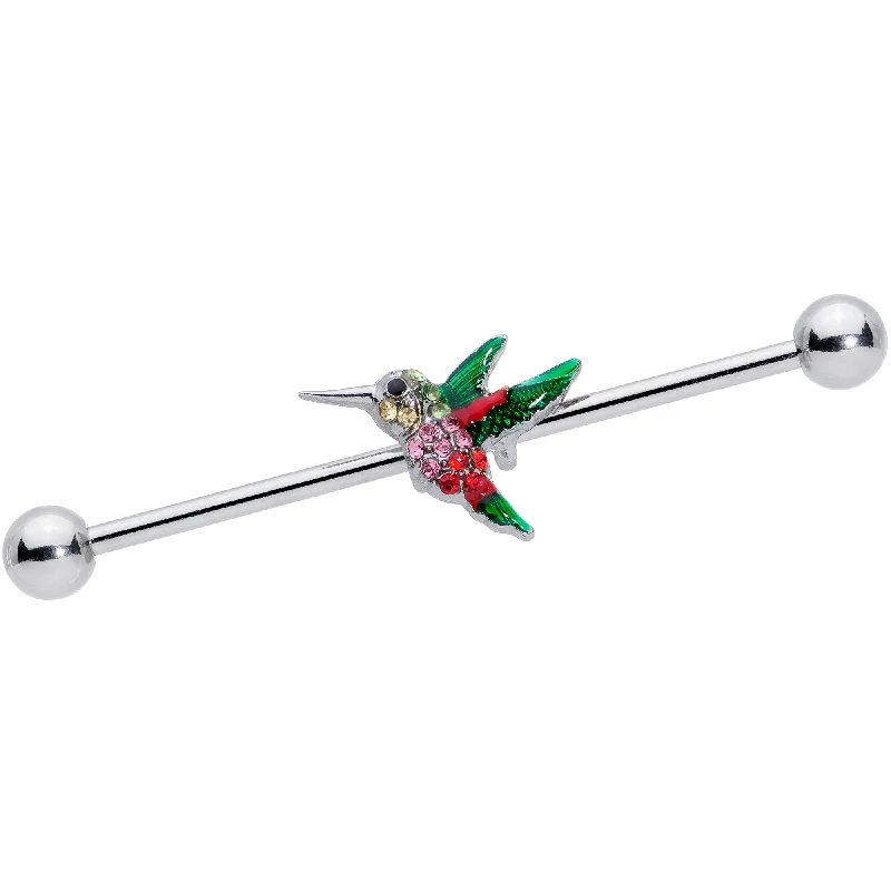 Women's Earrings – Elegant Designs for Every Personality--14 Gauge Red Pink Gem Green Hummingbird Industrial Barbell 38mm