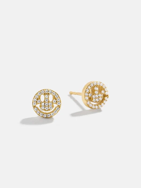 Women's Earrings – Elegant Designs for Every Personality--18K Gold Smiley Face Earrings - Gold/Pavé