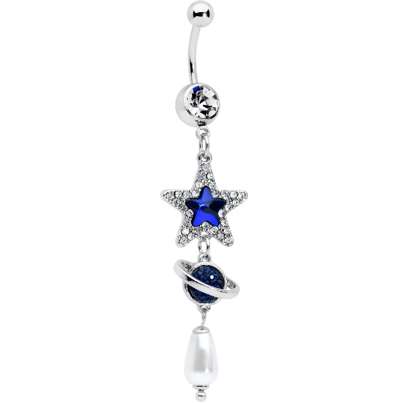 Stunning Belly Rings for Extra Style -Clear Blue Gem Star Saturn Pearlescent Dangle Belly Ring Stunning Belly Rings for Extra Style -Clear Blue Gem Star Saturn Pearlescent Dangle Belly Ring