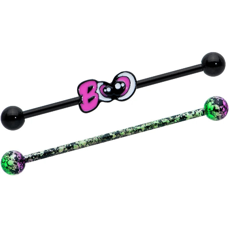 Women's Earrings – Elegant Designs for Every Personality--14 Gauge Black Halloween Pink Boo Green Industrial Barbell 38mm Set of 2