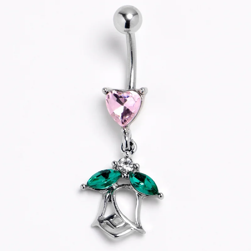 Beautiful Belly Rings for Elegant Looks -Pink Gem Heart And Rose Dangle Belly Ring