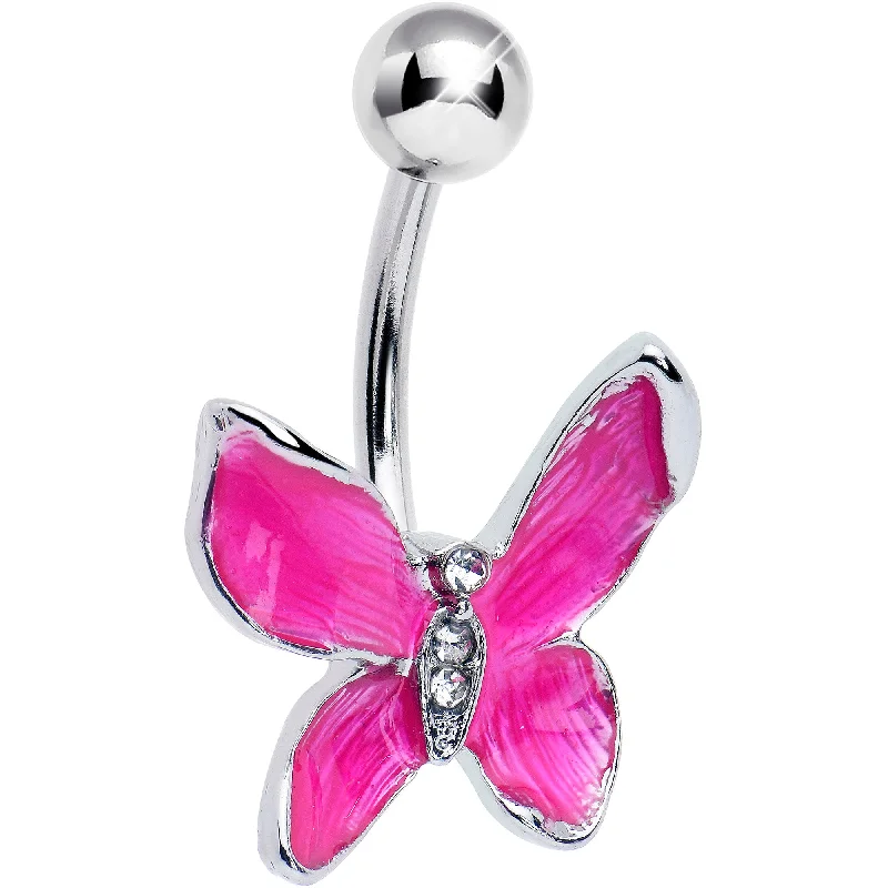 Chic Belly Rings for Stylish Looks -Clear Gem Chunky Butterfly Pink Belly Ring