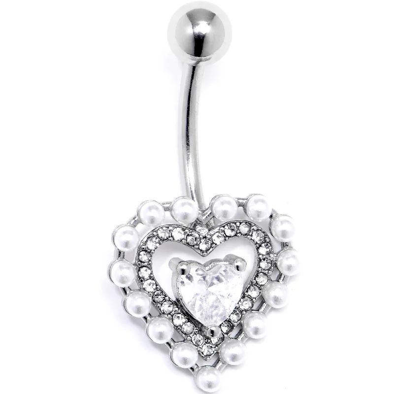 Elegant Belly Rings with Beautiful Accents -Clear CZ Gem Pearl Heart Belly Ring