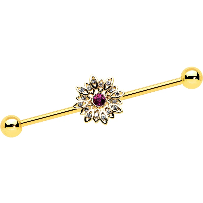 Women's Earrings – Elegant Designs for Every Personality--14 Gauge Clear Pink Gem Gold Tone Starry Flower Industrial Barbell 38mm