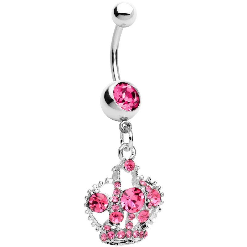 Belly Rings for Fashion Enthusiasts -Pink Gem Crown Dangle Belly Ring
