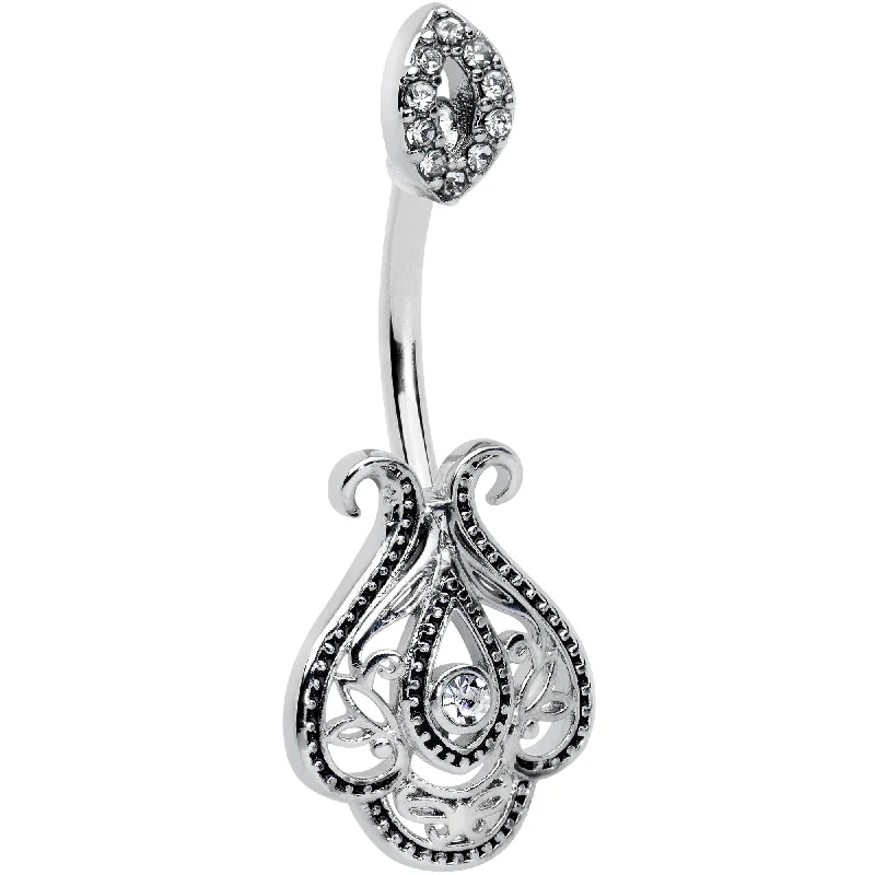 Custom Belly Rings for Unique Appeal -Clear Gem Art Deco Oval Scrollwork Double Mount Belly Ring
