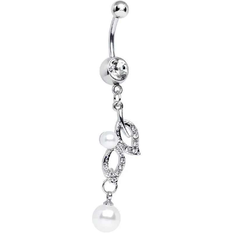 Belly Rings with Multicolored Stones -Clear Gem Natural Elegance Leaf Faux Pearl Dangle Belly Ring Belly Rings with Multicolored Stones -Clear Gem Natural Elegance Leaf Faux Pearl Dangle Belly Ring