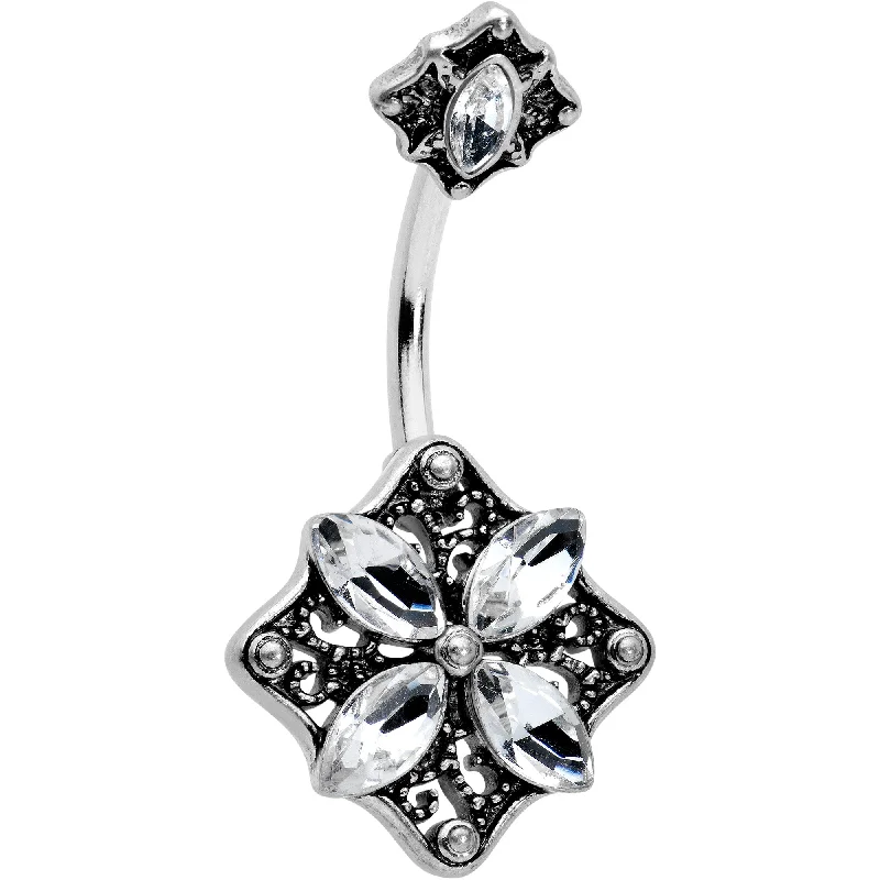 Belly Rings for Edgy and Bold Looks -Clear Gem Baroque Rhombus Flower Double Mount Belly Ring Belly Rings for Edgy and Bold Looks -Clear Gem Baroque Rhombus Flower Double Mount Belly Ring