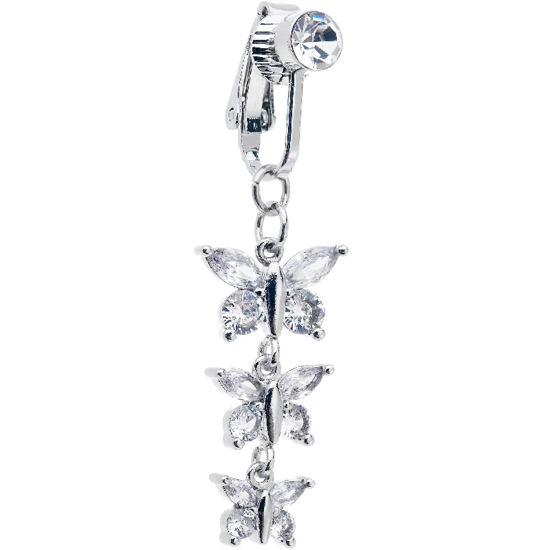 Comfortable Belly Rings for Exclusive Looks -Clear CZ Gem Butterfly Strand Dangle Clip on Fake Belly Ring Comfortable Belly Rings for Exclusive Looks -Clear CZ Gem Butterfly Strand Dangle Clip on Fake Belly Ring