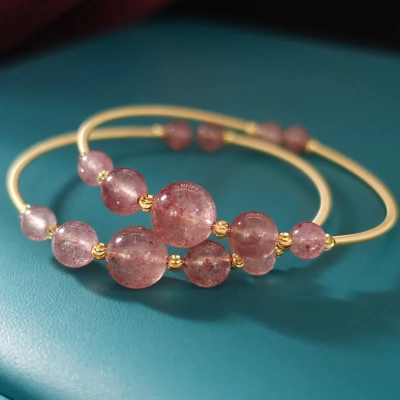 Unique Wooden Bangles for Women-Buddha Stones Natural Strawberry Quartz Love Healing Bracelet Bangle