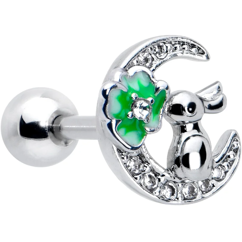 Women's Earrings – Elegant Designs for Every Personality--16 Gauge 1/4 Clear CZ Gem Rabbit on the Moon Green Cartilage Earring