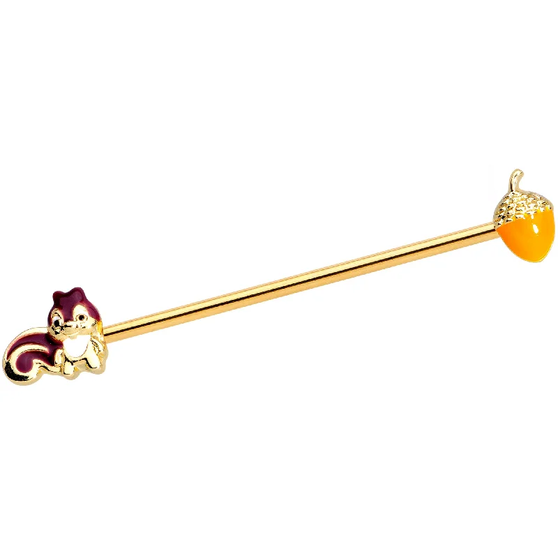 Women's Earrings – Elegant Designs for Every Personality--14 Gauge Gold Tone Squirrel Acorn Industrial Barbell 38mm