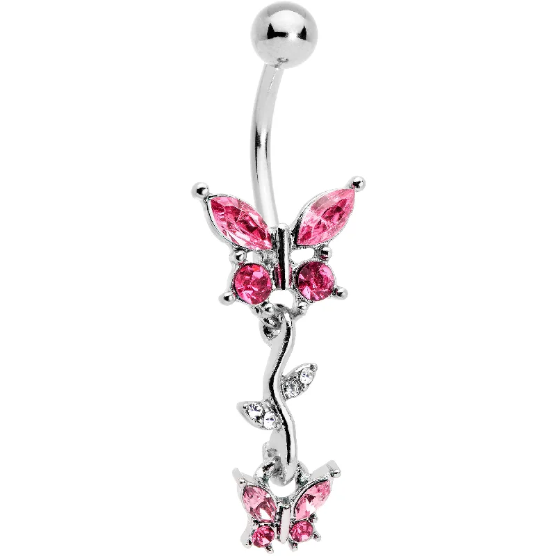 Comfortable Belly Rings for Trendy Women -Clear Pink Gem Vine Butterfly Dangle Belly Ring Comfortable Belly Rings for Trendy Women -Clear Pink Gem Vine Butterfly Dangle Belly Ring