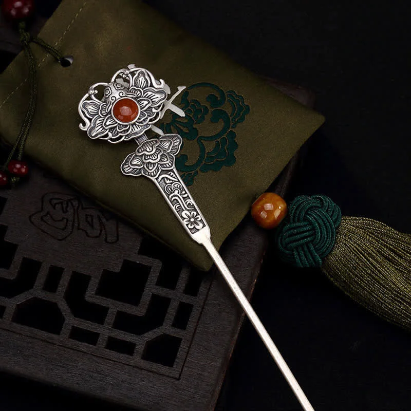 Buddha Stones Red Agate Peony Flower Confidence Hairpin