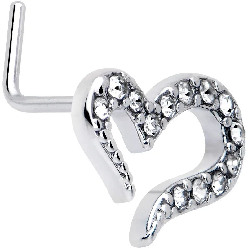 Stylish Nose Rings with Gemstone Accents -20 Gauge 7mm Clear Gem Stylized Heart L Shape Nose Ring