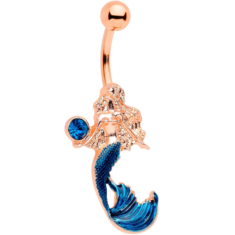Stylish Belly Rings with Radiant Stones -Aqua Gem Rose Gold Tone Mermaid Belly Ring
