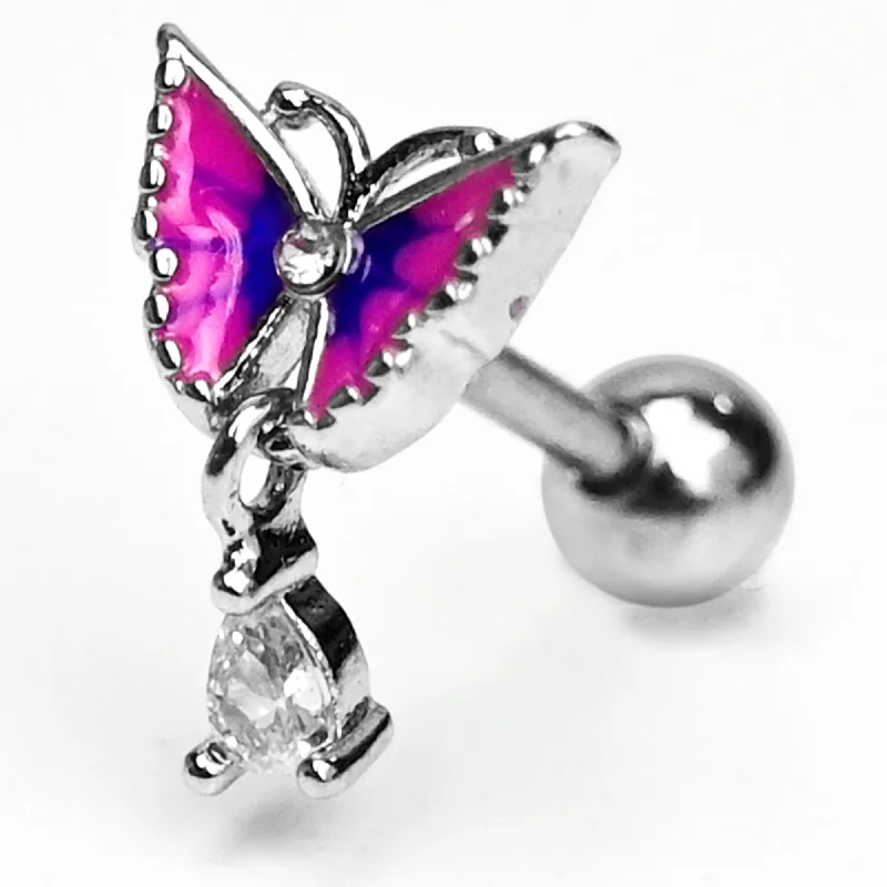 Women's Earrings – Elegant Designs for Every Personality--16 Gauge 1/4 Clear Gem Butterfly Pink Dangle Cartilage Tragus Earring