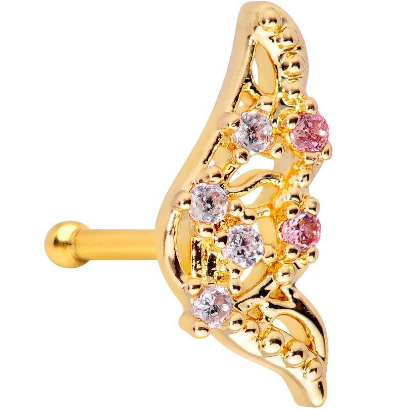 Small Nose Rings -20 Gauge 1/4 Clear Pink Gem Gold Tone Airy Wing Nose Bone
