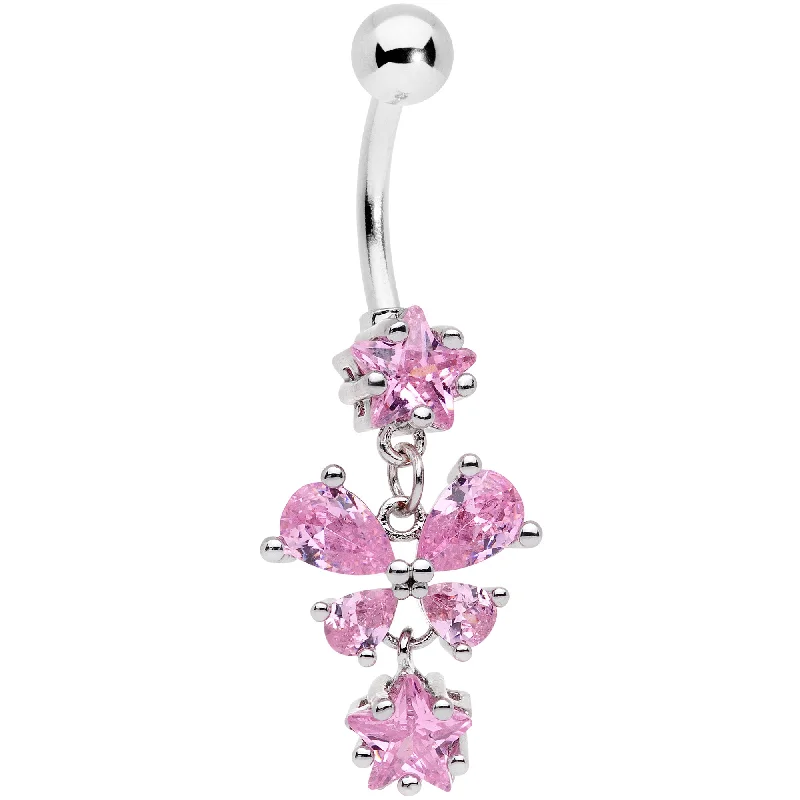 Comfortable Belly Rings with Elegant Detailing -Pink Gem Star Bow Dangle Belly Ring