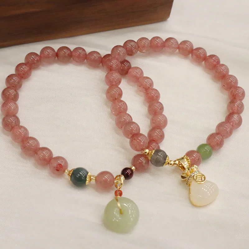 Silver Bangles for Women with Engraved Symbols-Buddha Stones Natural Strawberry Quartz Jade Peace Buckle Coin Purse Healing Bracelet Silver Bangles for Women with Engraved Symbols-Buddha Stones Natural Strawberry Quartz Jade Peace Buckle Coin Purse Healing Bracelet