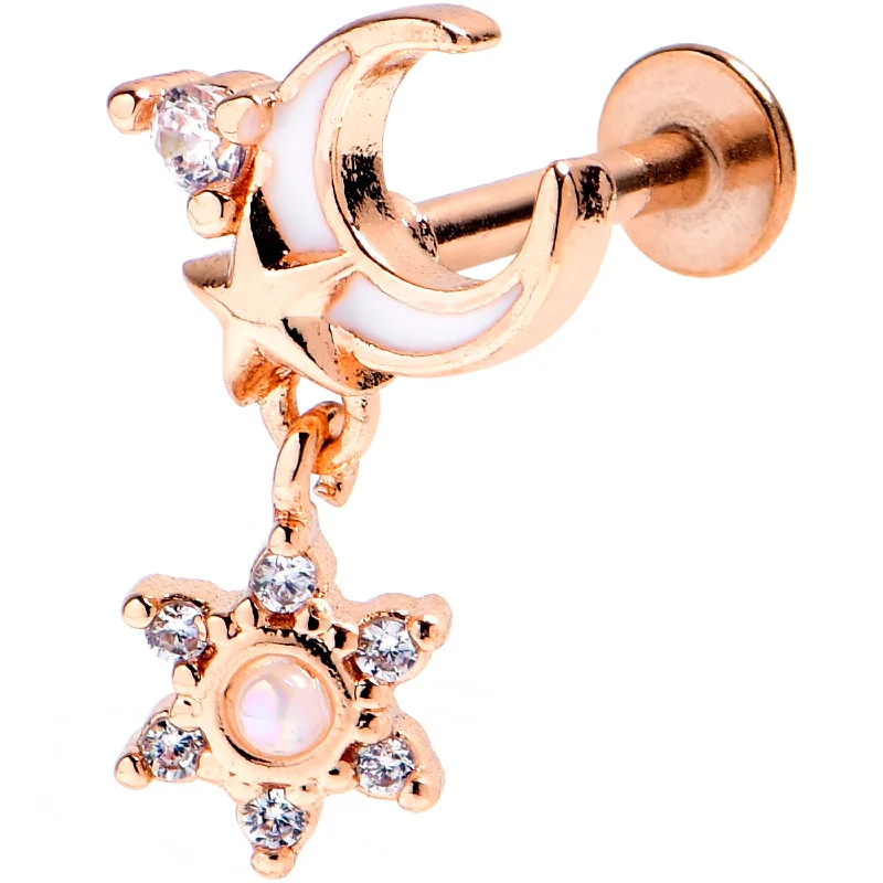 Designer Lip Rings for Exclusive Fashion16 Gauge 5/16 Clear CZ Gem Rose Gold Tone Moon Star Labret Monroe Tragus