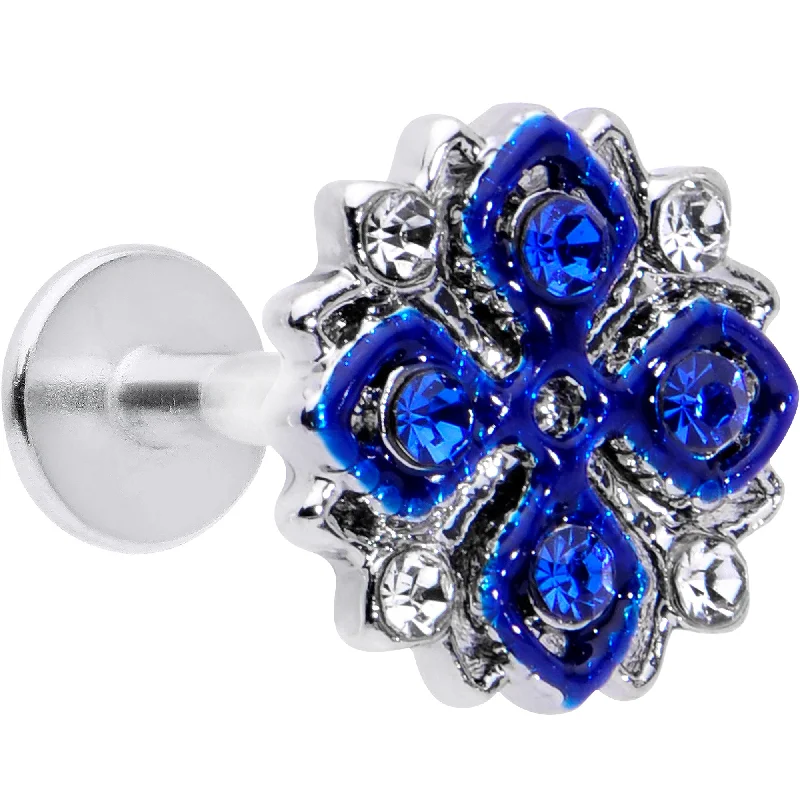 Trendy Lip Rings with Vibrant Touch16 Gauge 1/4 Clear Blue Gem Embellished Cross Labret Trendy Lip Rings with Vibrant Touch16 Gauge 1/4 Clear Blue Gem Embellished Cross Labret