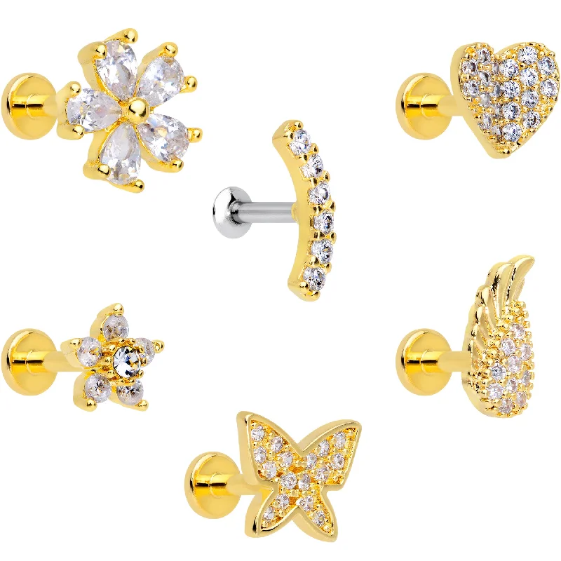 Affordable Lip Rings for Every Budget16 Gauge 1/4 CZ Gold Tone Internal Thread Labret Tragus Set of 6