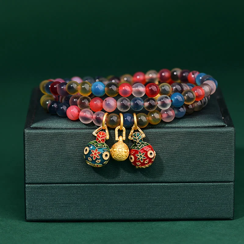 Men's Charm Bracelets-Buddha Stones Colorful Candy Agate Gold Swallowing Beast Family Strength Charm Triple Wrap Bracelet