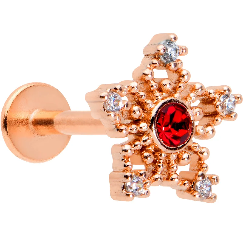 Chic Lip Rings for Stylish Looks16 Gauge 5/16 Red Gem Rose Gold Tone Texture Snowflake Labret Tragus