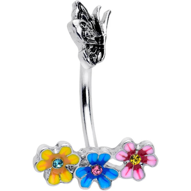 Unique Belly Rings with Artistic Design -Blue Pink Gem Flower Garden Butterfly Double Mount Belly Ring Unique Belly Rings with Artistic Design -Blue Pink Gem Flower Garden Butterfly Double Mount Belly Ring