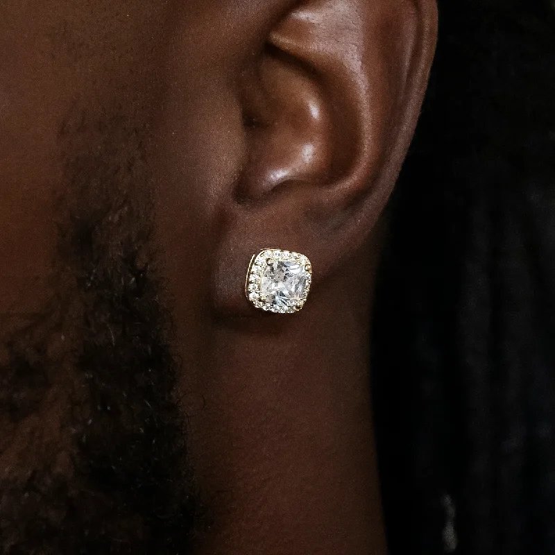 Shop Durable Men's Earrings for Everyday Wear-10mm Cushion Cut Earrings in Yellow Gold Shop Durable Men's Earrings for Everyday Wear-10mm Cushion Cut Earrings in Yellow Gold